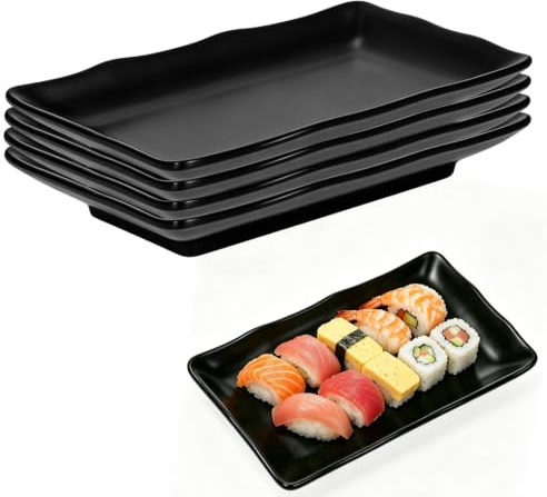 Set di 4 piatti da portata rettangolari, riutilizzabili, impilabili e lavabili in lavastoviglie, per insalata, frutta, sushi, torte, antipasti (4, nero)