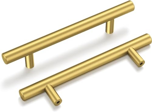 Goldenwarm 10Pack Gold Cupboard Handles Gold Handles for Drawer 128mm Hole Centers, T-Bar Dresser Drawer Pulls Stainless Steel Cabinet Hardware