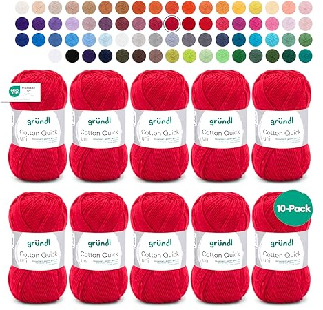 Gründl Wolle Cotton Quick uni Häkelgarn 10 Knäuel 50 g, Rot | dünne Wolle zum Häkeln - Strickgarn - Häkelgarn - Glänzend und hautfreundlich - 100 % Baumwolle - 50 g / 125 m
