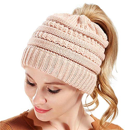 Damen Mädchen Gestrickt verdicken Hut Mit Zöpfen Loch Loop Strickmütze Wintermütze Beanie Hüte Winter Mütze Cap