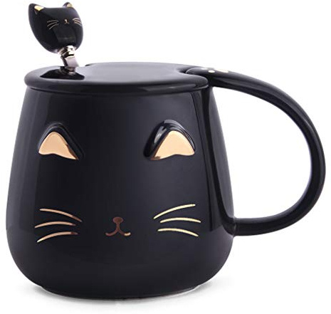 Angelice Home Tasse mit schwarzer Katze, niedlicher Kitty, Keramik-Kaffeetasse mit Edelstahl-Löffel, für Katzenliebhaber, Frauen und Mädchen