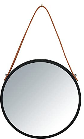 WENKO Wandspiegel Borrone rund, Spiegel mit schwarzem Metall-Rahmen und Aufhänge-Gurt, Dekospiegel im Vintage Design, Glas/Metall, Ø 30 cm, Schwarz