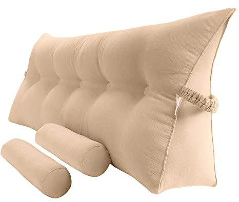 Peachwell Triangular Reading Bed Rest Pillow Large Bolster Cushion Headboard Backrest Wedge Pillow with Two Detachable Roll Pillows for Neck & Lumbar Support (Champagne, Queen: 59 x 8 x 20 inches)