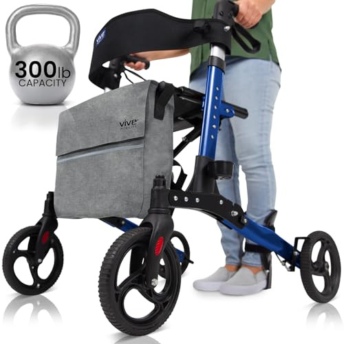 Vive Tall Rollator Walker with Seat for Seniors, Men - All Terrain, Rolling, Folding, Heavy Duty, Medical, Extra Large 4 Wheels, Brakes, with Bag - for Adults, Lightweight Premium Scooter Aid