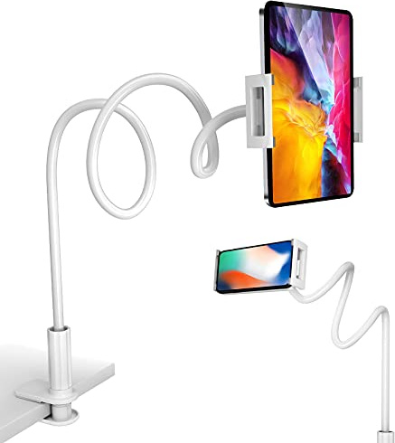 GRSTREE Phone Holder for Bed,360 Flexible Lazy Tablet Holder for Bed,with Adjustable 39.4 Long Arm Clamp Bracket Mount Phone Stand for 4.7~10.5 iPhone/iPad Air/Pro/mini/Tablet/Switch (White)