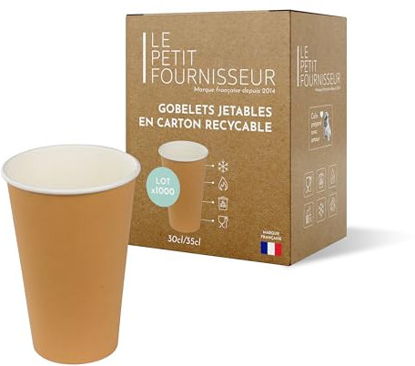 LPF LE PETIT FOURNISSEUR - Lot de 1000 Gobelets jetables en Carton Kraft 30-35cl - Recyclable - Gobelets café, thé, boissons chaudes et froides - Résistant à la chaleur - Couleur Brun