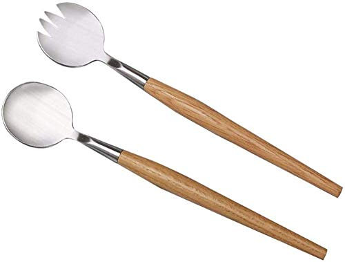TSTSM Salad Servers Tableware Set Stainless Steel Salad Spork and Spoon with Oak Wood Handle, Dinnerware Set for Mixing and Stirring,2pcs