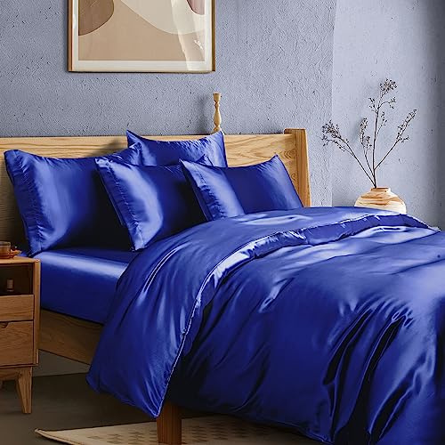 Manyshofu Royal Blue Satin Duvet Cover King with Fitted Sheet 6 Piece