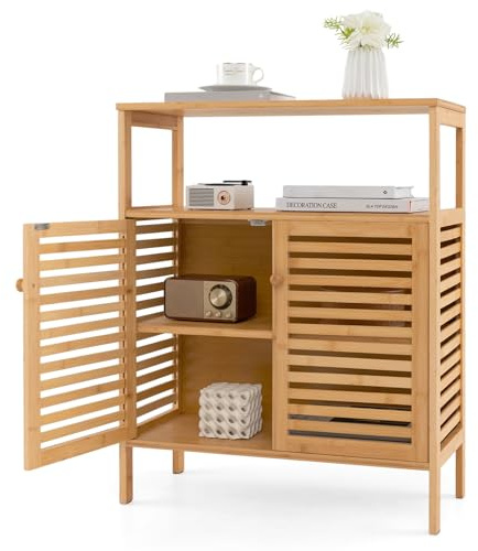 RELAX4LIFE Bamboo Storage Cabinet, Floor-Standing Bathroom Cabinet Cupboard with Louver Door & Open Shelves, Display Shelf Storage Organizer Unit for Kitchen Living Room Hallway | with Louver Door & Open Shelves, Display Shelf Storage Organizer Unit for Kitchen Living Room Hallway