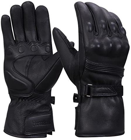 Harssidanzar Guantes de Moto Hombre, Cuero Genuino Masculino Pantalla táctil de Dedo Completo Forro Aislante de Calor Delgado Impermeable Guantes de Motocicleta KM048,Negro,S