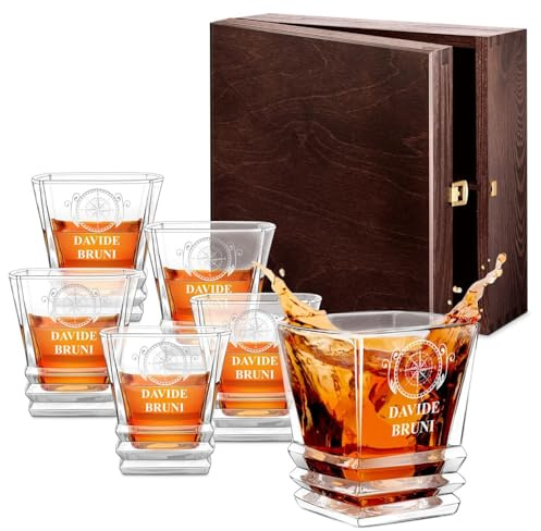 Maverton 6 bicchieri da whisky in vetro 280 ml, incisione personalizzata | Set bicchieri per whisky, bicchiere di cristallo per compleanno, per festa del papà, per Lui, Rosa dei venti