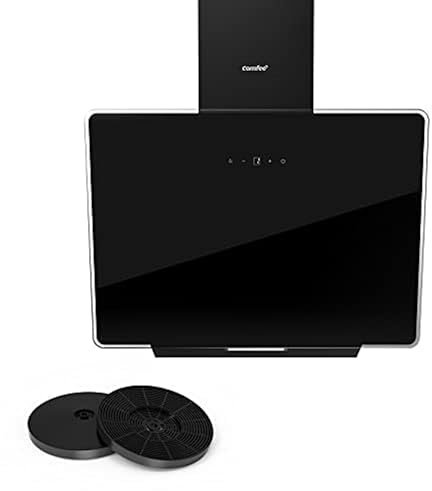 COMFEE' A+ Dunstabzugshaube 60cm CHK 3.6J64A1B Wandhaube aus gehärtetem Glas und Edelstahl mit Touchscreen, LED und Umluft- und Kanalsystem Wandmontierte Dunstabzugshaube, Schwarz