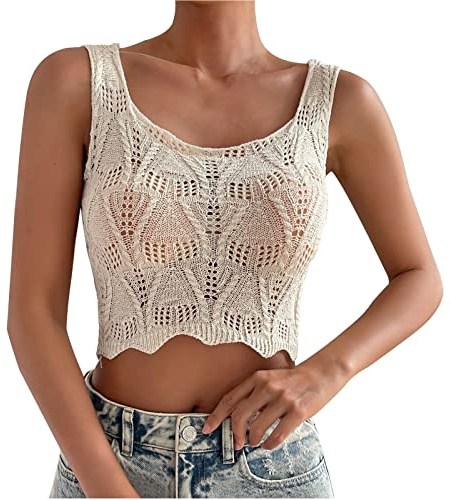 Windsfinr Crop Top Débardeur à col rond pour femme - Tricot au crochet - Sans manches - Col en U - Pour adolescentes et filles - Coupe droite - Haut d'été, beige, M
