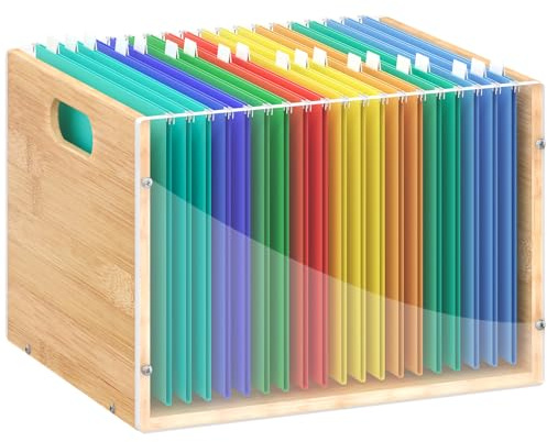 Sbanmao Organizador de caja de archivos de acrílico transparente, cajas de almacenamiento de carpetas colgantes de bambú, soporte de caja de archivo con asa para escritorio de oficina en casa, tamaño