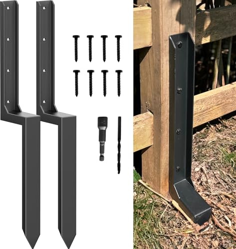 AKINGKONG Tjockare staketstolpe reparation ankarkit, stålstaket stolppinnar, reparation lutande 4 x 4/6 x 6 trästaket stolpe stöd (tjockare 11 Gauge, 2-pack/svart)