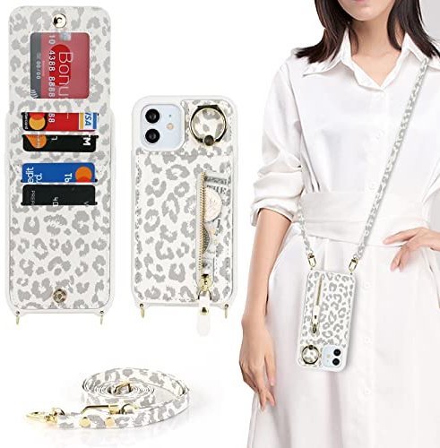 CAVOR Handykette iPhone 12/12 Pro Hülle Mit Band,Flip Leder Geldborse Handyhülle,[4 Kartenfach][Ring Stander][Schnalle],Klapphülle Schutzhülle Handyhülle für iPhone 12/12 Pro - Weiß Leopardenmuster