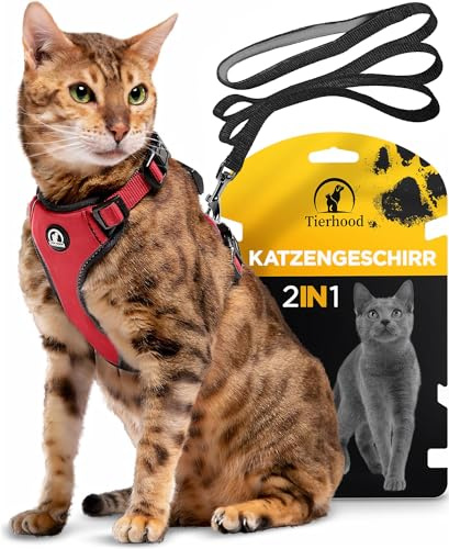 Tierhood Katzengeschirr mit Leine [Neue, LEICHTE Version] - Rot, Größe M | Katzenleine mit Geschirr für Katzen & Kitten - Kontrollierte Freiheit - Mit strahlenden Reflektoren