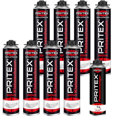 PRITEX – WDVS Klebeschaum Set 8 x 750 ml inkl. Reiniger zum Isolieren, Fixieren & Befestigen /// Dämmstoffkleber Bauschaum mit sehr guter Haftung, niedrigem Aushärtedruck