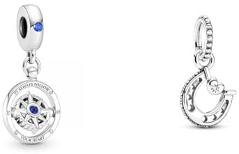 Pandora Charm Anhänger Kompass Silber, Kristall blau 790099C01 & Glückshufeisen Charm-Anhänger, Sterling-Silber799157C01