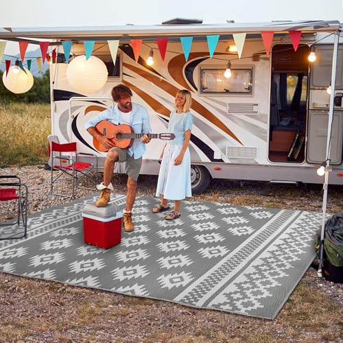 Green Decore Alfombra Reversible de plástico Reciclado para Camping y Picnic, Ideal para jardín, Patio, pícnic, terraza, Resistente a Las Manchas y al Agua, Color Gris y Blanco, 150 x 240 cm