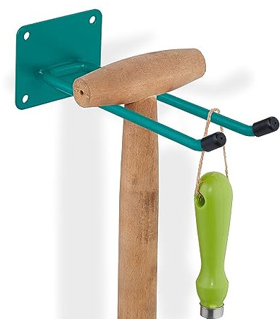 Relaxdays 2 x Gerätehalter Wand, Länge 24 cm, Doppelhaken, Wandhaken Garage, Werkstatt & Keller, Besenhalter Stahl, Haken, grün