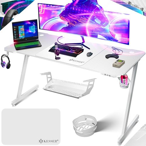 KESSER® Mesa Gaming | 160 x 60 cm | Escritorio para Gamer en Forma de Z | Soporte para Auriculares | Mesa ergonómica para Ordenador | Incl. Alfombrilla de ratón y Soporte