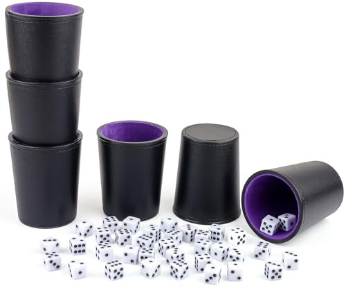 RERIVER Filzgefüttertes PU-Leder-Würfelbecher-Set, 6 leise Würfel-Shaker-Becher mit 36 Würfeln für Bar-Party, Yahtzee Farkle Würfelspiele, Lila