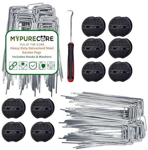 MYPURECORE Heavy Duty Galvanised Steel Garden Pegs - 50 Pack U-Shaped Ground Staples for Securing Weed Membrane, Artificial Grass, Fencing, Landscape Fabric and more | Includes Hooks & Washers