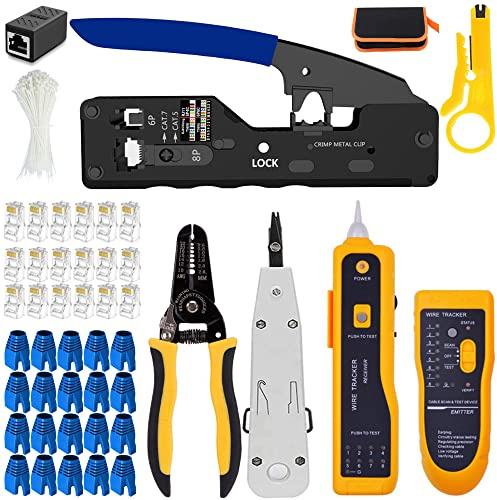 MAYLINE - Crimpadora RJ45 - Juego de herramientas de crimpado de red RJ11/RJ12/RJ45, cortador de crimpado pasante para Cat5/Cat6, kit pelacables para con conectores 50 unidades (azul)