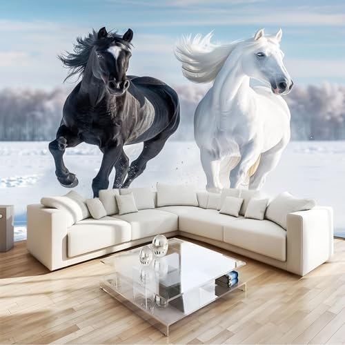 Papier Peint Panoramique 3D Animal Cheval Noir Et Blanc intissé Murale Multicolore pour Salon Chambre d'enfants restaurant Décoration Murale Poster, 250x175cm