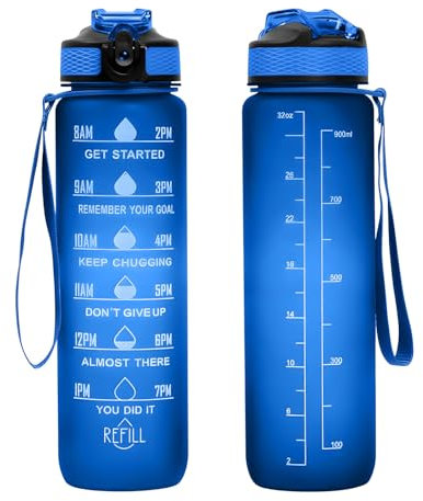 GHKLNY Botella de agua motivacional de 32 onzas con marcador de tiempo, botellas de agua con tiempos para beber y popote con correa de transporte, perfecta para gimnasio al aire libre, sin BPA (azul)