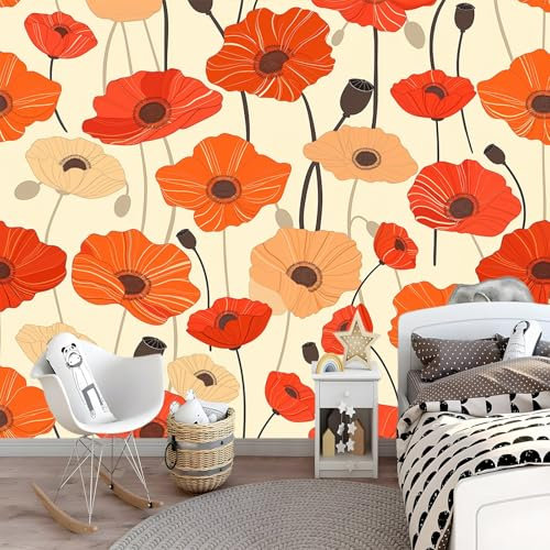 Fototapete Rote Und Orange Mohnblumen200 x 140 cm Tapete Fototapeten Vlies Tapeten Vliestapete Wandtapete Moderne Wand Wandbild Schlafzimmer Spielzimmer Wohnzimmer Deko Cremefarbe Tapete