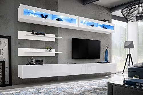 Wohnwand Alvaro - Schrankwand Hängend - Anbauwand - Wohnzimmerschrank - Wohnzimmer - Wandschrank - Modern - Weiß Matt/Weiß Hochglanz 21