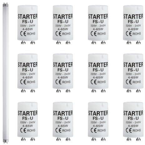 12 Pezzi Starter Neon Starter per Tubo Fluorescenti, 4-65W 220V-240V Starter per Tubi Neon, Adatto per Lampade Fluorescenti, Avvio Immediato Tecnologia Longlife, per Ambienti Domestici e Commerciali
