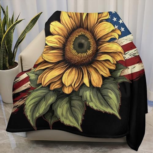 Kuscheldecke Usa-Flagge Auf Sonnenblume Fleece Decke Weiches Wohndecke Gemütlich Sofadecke Für Bank Nickerchen Drinnen 125x150cm