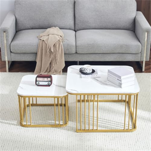 Modernes Couchtisch Set Mit 2 Beistelltischen In Marmoroptik Und Mattiertem Metallstahlrahmen Ideal Für Den Einsatz Im Wohnzimmer Oder Schlafzimmer Und Auf De(Color:Weißer Couchtisch + goldene Beine)