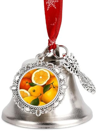 Cloches décoratives de Noël - Cloches de sapin de Noël imprimées oranges et citrons - Cloches en métal pour décoration de Noël - Cloches de bénédiction d'intérieur et d'extérieur