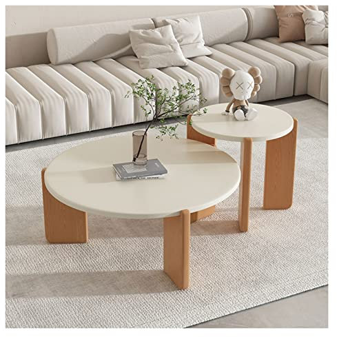 Couchtisch Wohnzimmertisch 2-teiliges modernes Couchtisch-Set, Beistelltisch-Set for Wohnzimmer, Satztisch, rund, natürliches Finish mit Buchenholz, Cocktailtisch for Bürobalkon, stapelbar | 2er-Set f