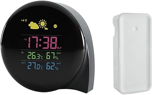 RUHEN Estación meteorológica con Sensor inalámbrico, Reloj Despertador Circular de Mesa con Pantalla meteorológica, termómetro e higrómetro para Exteriores e Interiores