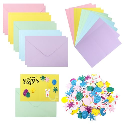 Qaziuy Ostern Karten Bastelset für Kinder, 100Pcs Ostern Schaumstoff Aufkleber & 10 Blanko Karten mit Umschläge DIY Bastelhandwerk Ostern Karten Ostern Bastelset Kinder