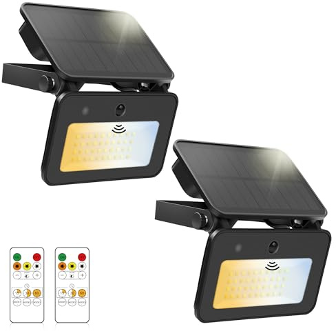 ALUSSO Solar Lights Outdoor, 1000LM Solar Security Lights with Remote Control Motion Sensor, 3 Modes, 3000K/4000K/6500K Adjustable, Dimmable, IP65 Waterproof for Fence, Yard, Garden, Porch, 2 Pack