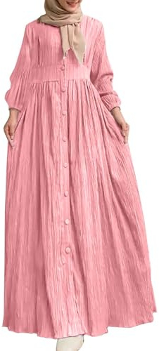 FNKDOR Robes Casual Femme Robe Musulmane Elégante pour Femme Robe De Prière Islamique Abaya pour Femme Moyen-Orient Dubaï Turquie Robes De Ramadan Musulmanes Arabes Couleur Unie(Rose,L)