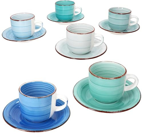 MamboCat Set di 6 tazze da cappuccino blu con piattini, 200 ml, tazze grandi + piattino in gres porcellanato per 6 persone con diverse tonalità di blu e decorazioni strudel