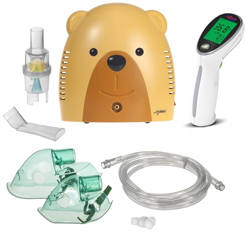 Promedix Kinder Inhalator + Infrarot-Thermometer Set | Leises Inhalergerät für die Familie | Kinderfreundliches Design, Inklusive Masken für Kinder und Erwachsene | Temperaturmessung (Bär)