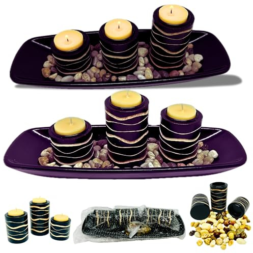 Portavelas de Madera para Velas de te + Piedras Naturales Energéticas | Ideal para Decoración Centro de Mesa, Salón, Comedor, Terraza, Hogar + Soporte Moderno Jardín Zen Yoga + 3 velitas tealights