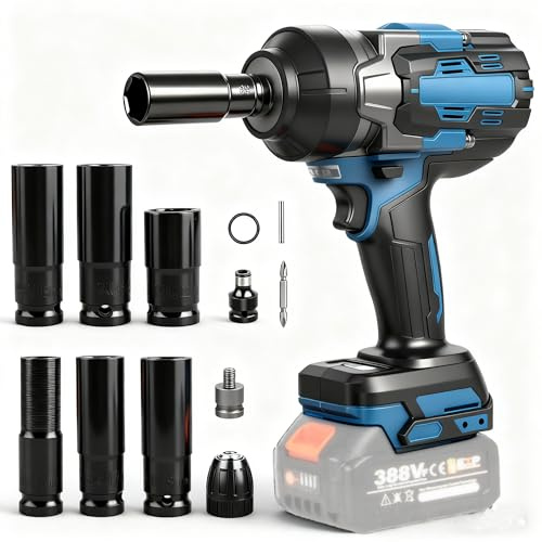 Clé à Chocs Sans Fil Brushless 1700N.m compatible avec Makita 18 V batterie, Boulonneuse Electrique avec 6 Douilles à Chocs, 1/2 Boulonneuse a Choc Electrique pour la Voiture et la Maison