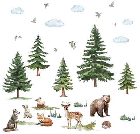 milaosk Wandtattoo Waldtiere Wandaufkleber Baum Kiefernwald Selbstklebend Wandbilder Wald Tragen Fuchs Kaninchen Reh Wandsticker Kinderzimmer Babyzimmer Schlafzimmer Wanddekoration