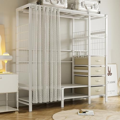 Robuster Kleiderständer, Kleiderschrank mit Vorhang, großer Kleiderständer für Schlafzimmer, begehbares Schranksystem mit 4 offenen Regalen und 6 Schubladen, Weiß, 150 x 50 x 170 cm
