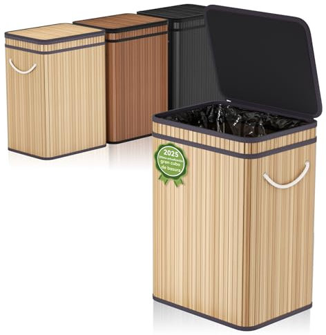 Cubo de basura grande de 80 litros/21 galones con tapa,Cubo de basura/cubo de basura para exteriores para el hogar, de bambú, para exteriores, hogar, oficina, baño y cocina, 40 x 30 x 60 cm (Caqui)