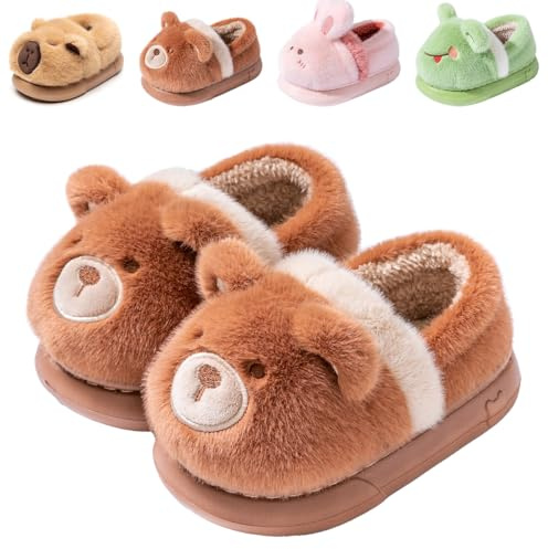 DRECAGE Zapatillas de Casa Niño Niña Invierno, Pantuflas de Peluche y Diseño de Animales Calientes Suave y Antideslizantes 316 Marrón Osito 240 35/36 EU